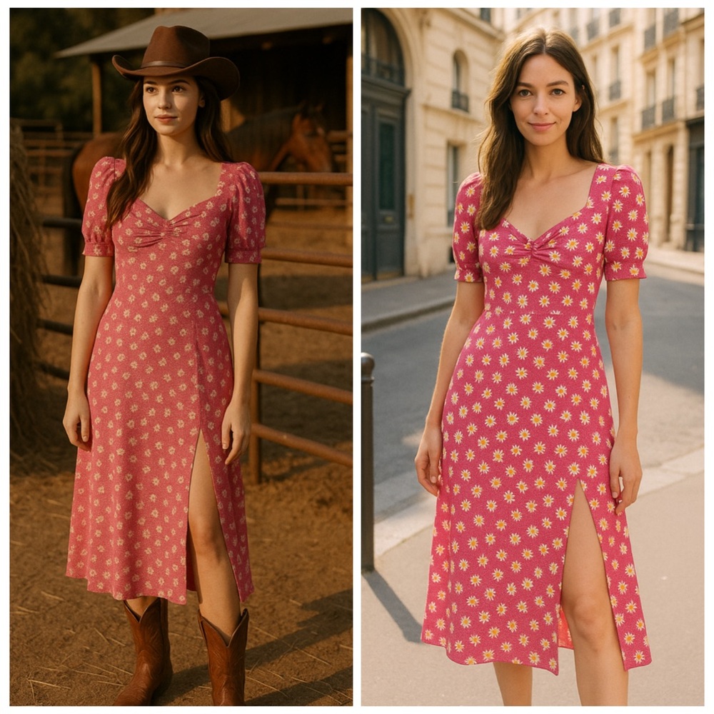 WAYF x Anthropologie Pink Daisy Puff Sleeve Midi Dress L | Spring Wedding Guest - Picture 2 of 13